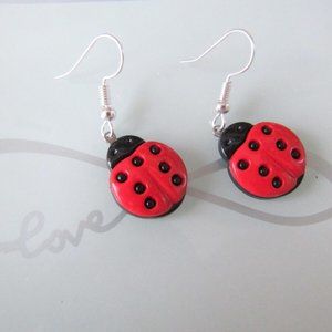 Upcycled Button Cute Lady Bug Plastic Dangle Earring
